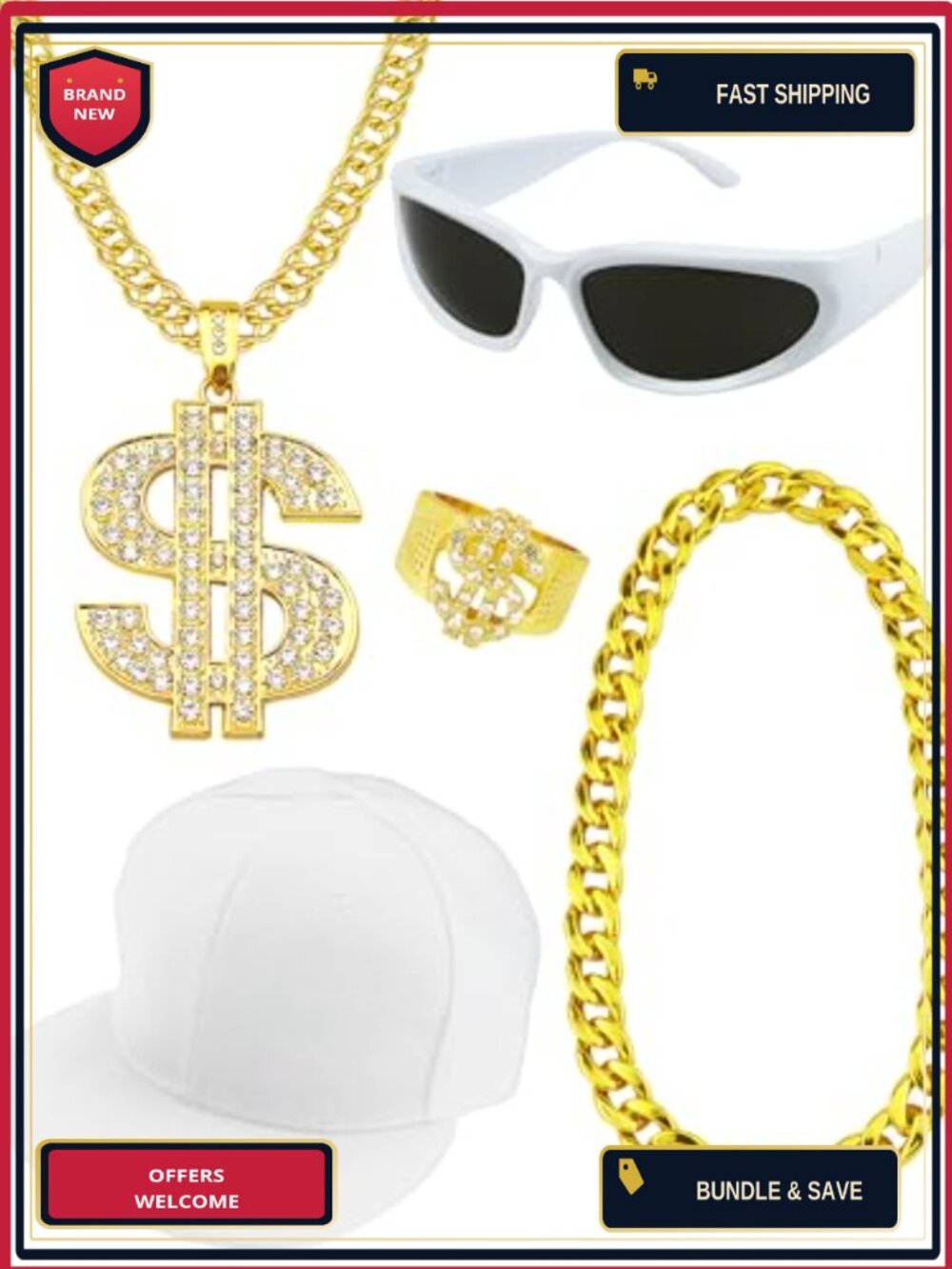 Hip Hop Costume Kit 5pc 2000s Rapper Outfit Accessories Set